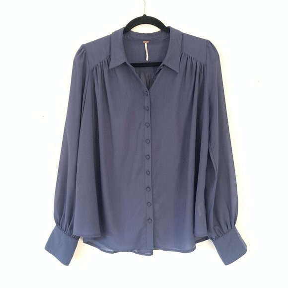 Free People Long Sleeve Button-Up Sheer Blouse Size M Blue Western - Picture 1 of 7